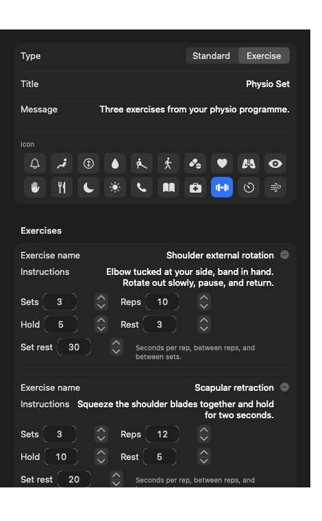 A reminder set to the Exercise type, with an Exercises list below the title and icon: each row has a name, instructions, and steppers for sets, reps, hold, rest and set rest.