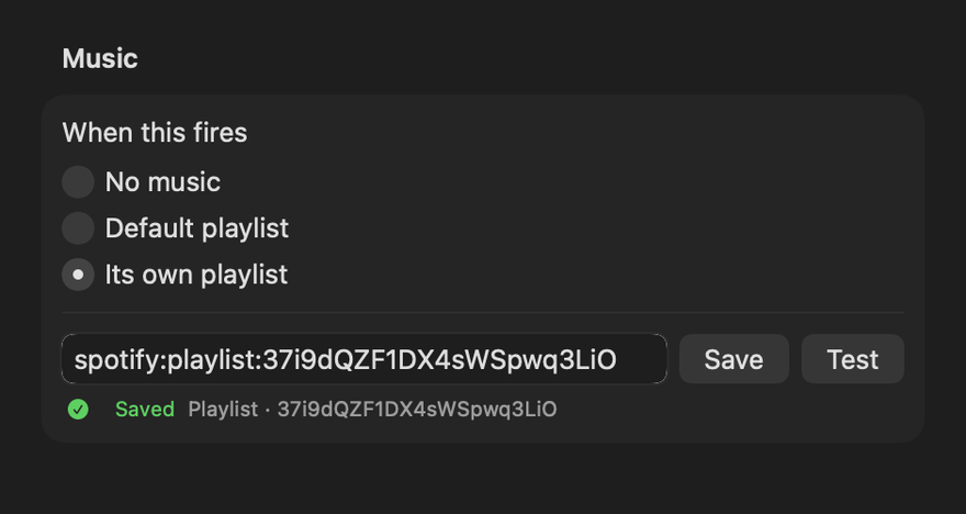 The Music section of a reminder, with No music, Default playlist and Its own playlist options, a field holding a Spotify playlist link, Save and Test buttons, and a green Saved confirmation.