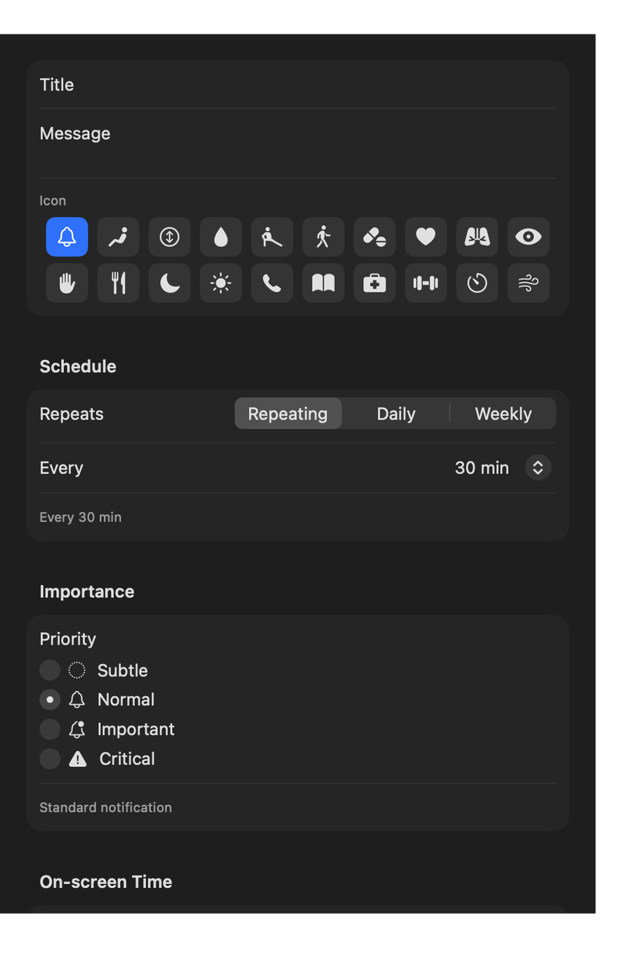 The New Reminder sheet: fields for title and message, a grid of icons, a Repeating / Daily / Weekly schedule picker, and Subtle, Normal, Important and Critical priority options.