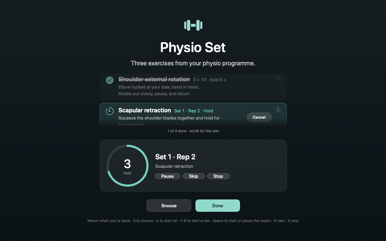 The exercise takeover mid-session: a Physio Set programme with the first exercise completed and struck through, the second highlighted, labelled Set 1 · Rep 2 · Hold and carrying a Cancel button, a count reading 1 of 3 done, and below it a coach panel with a countdown ring reading 3, the words Set 1 · Rep 2, Pause, Skip and Stop buttons, then Snooze and Done.