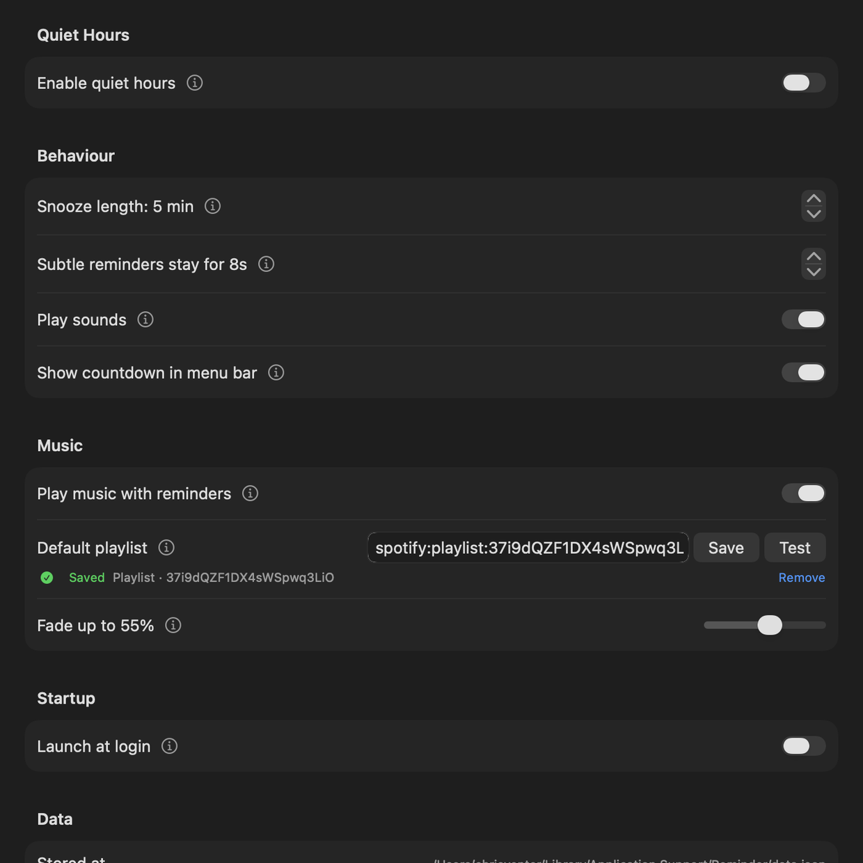 The Preferences tab showing Quiet Hours, Behaviour and Music settings, each row with a small circled i help button beside its label.