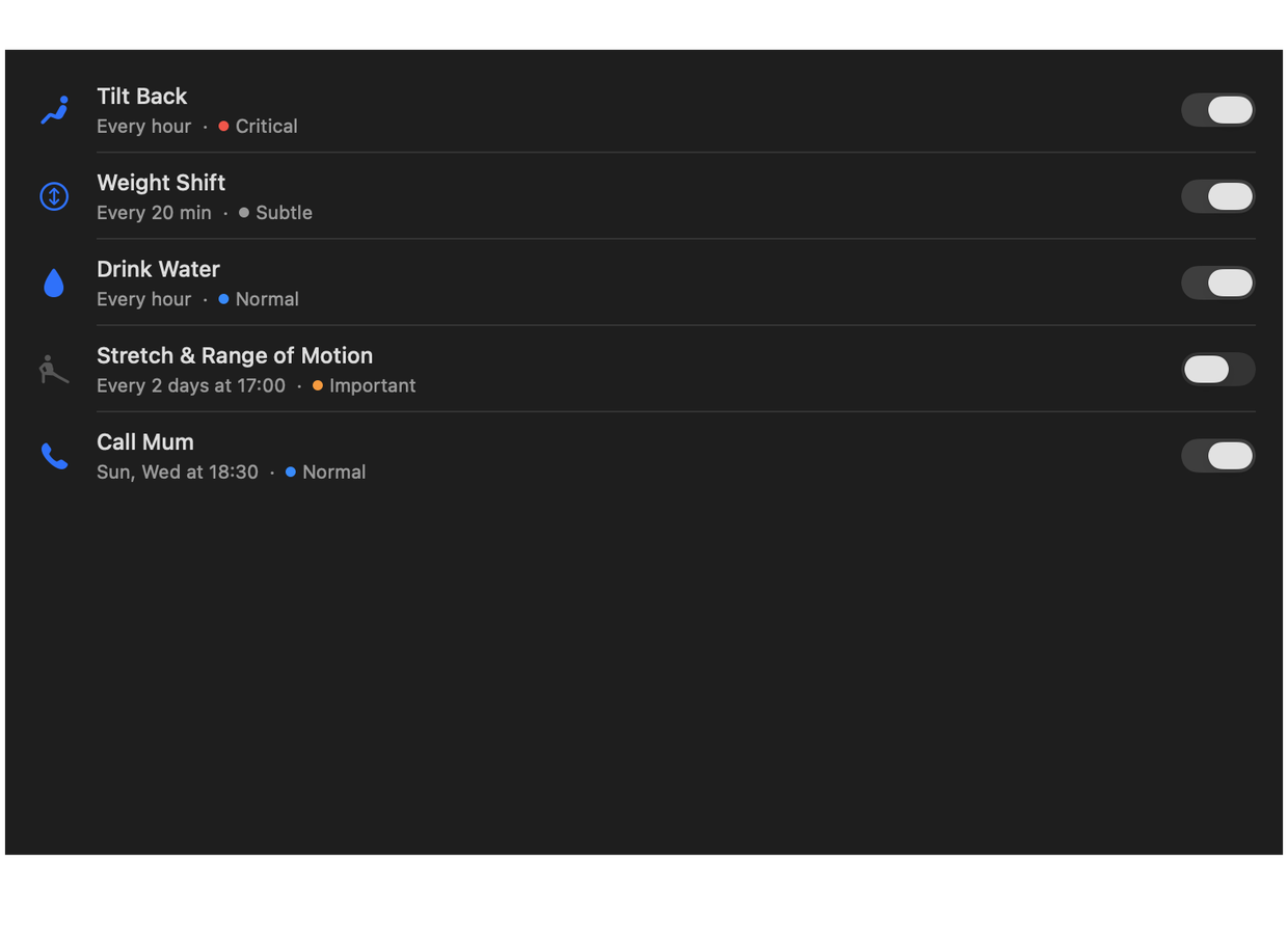 The Reminders list in Settings, showing five reminders with their schedule, volume and an on/off switch.
